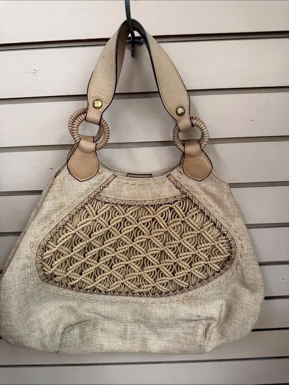 Beige Macramé Hobo Bag with Braided Ring Handles